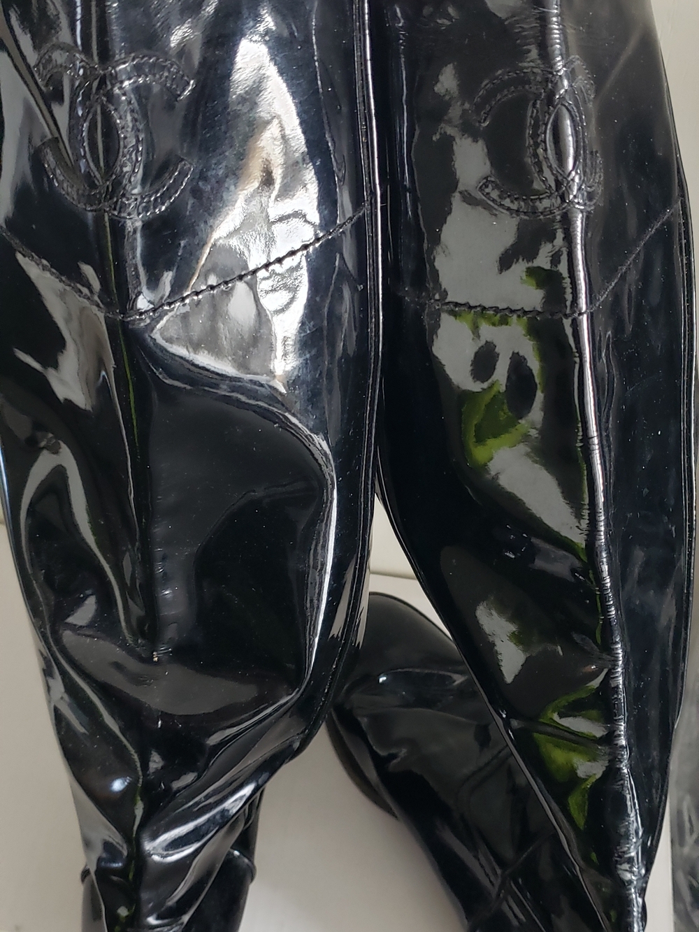 Chanel Patent Leather Knee-High Boots with Embossed Logo - Picture 7 of 14